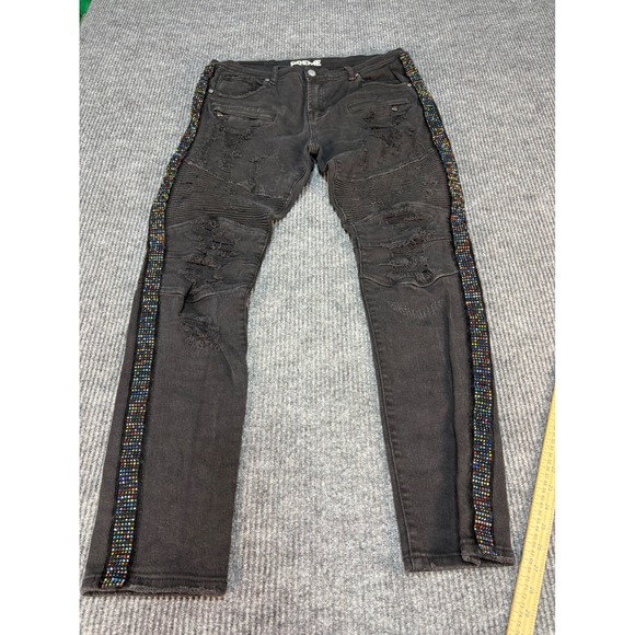 Preme Mens Moto Distressed Jeans Black Rhinestone Side Stripe 36x33 Streetwear